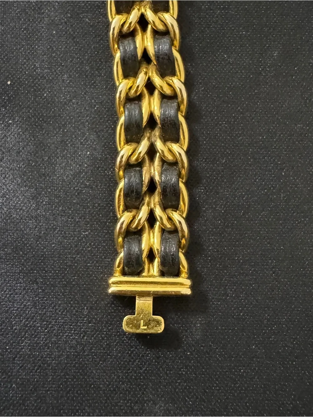CHANEL Gold and Black Chain-Link Leather-Woven Watch